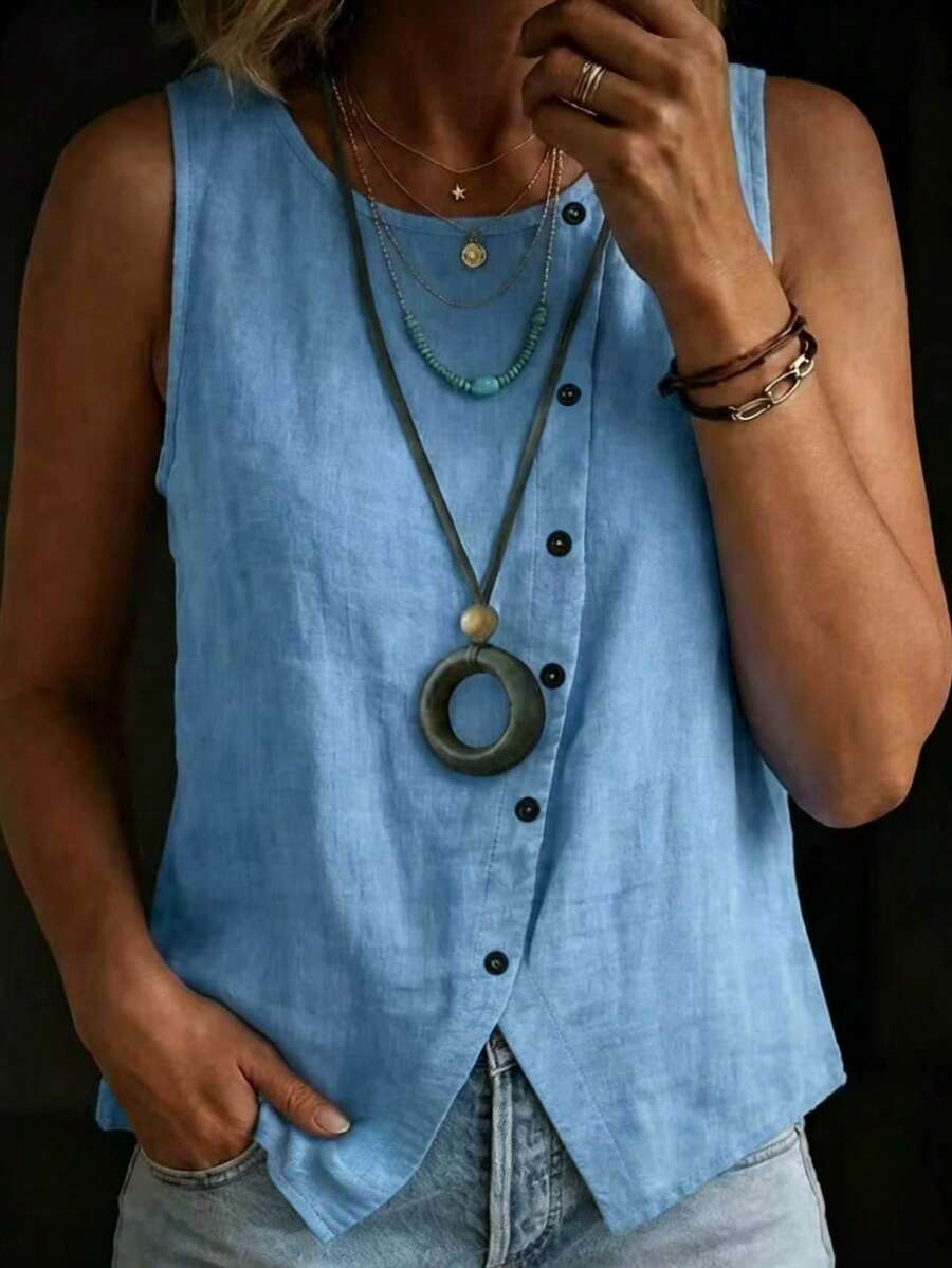 Balvessa Women's Elegant Casual Linen-Like Blue Round Neck Button Detail Vest, Spring/Summer - Blue - View 1