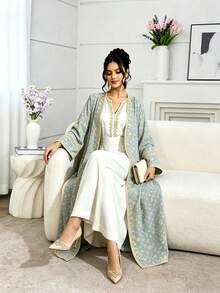 SHEIN Najma 金色花枝花边图案女士端庄优雅阿拉伯长袍，春秋时尚长袖开衫长外套，浅蓝灰色花卉图案阿巴雅，阿拉伯风格服装 - 彩色 - 查看 5