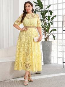 tido blanco de talla grande, vestido elegante para té, vestidos de verano de talla grande, vestidos curvy de talla grande, vestidos para bodas y eventos, vestido de malla, vestido para salir - Amarillo - Ver 6