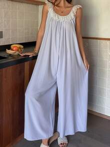 Livesso 女款對比色蕾絲荷葉邊下擺無袖連身褲睡衣 夏季 - 白色 - 查看 3