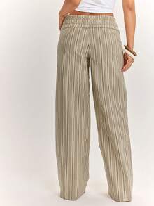 SHEIN BAE Quần ống rộng dáng suông kẻ sọc kaki dành cho nữ, thích hợp cho việc đi làm và mặc hàng ngày, dáng rộng, thiết kế cạp cao, quần dài kẻ sọc, ống loe, rộng rãi và thoải mái, thích hợp cho các dịp công sở. - Màu Khaki - Xem 2