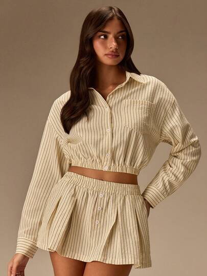 Athîral Women's Casual Striped Yellow Long Sleeve Shirt And A-Line Skirt Set, Loose Fit Crop Top And Flared Skirt Outfit, Suitable For Casual Daily Wear, Dates And Gatherings