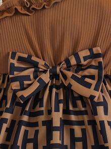 SHEIN Váy thêu kẻ sọc Houndstooth thanh lịch có mũ cho bé gái, Xuân/Hè - màu nâu - Xem 7