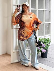 SHEIN EZwear 大码女式扎染印花圆领短袖休闲T恤 - 黑與白 - 查看 5
