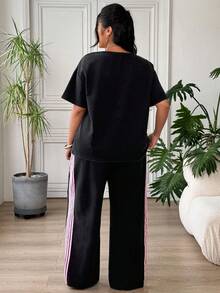 SHEIN EZwear Plus Size Women 2 Pieces Set, Patchwork Color Mid-Sleeve Top And Pants, Casual Daily Wear - Black - View 2