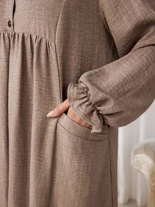 Al Najma Plus Size Women's Solid Color Button Half-Placket Flare Sleeve Arabic Style Dress, Versatile - Khaki - View 7