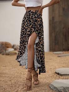 SHEIN Holidaya Chân váy maxi dài xẻ đùi bằng vải cotton in họa tiết da báo, thích hợp cho kỳ nghỉ hè, đi biển, trang phục nữ. - Nhiều màu - Xem 3