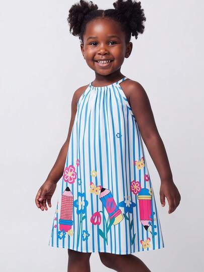 SHEIN 1pc Kids/Young Girls Elegant School Style Casual Loose Blue & White Striped Dress With Colorful Flower & Pencil Print, Suitable For Daily Wear, Gatherings, Back To School, Leisure Activities, Spring & Summer