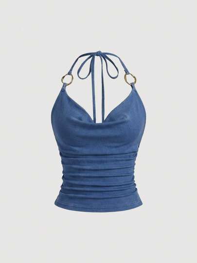 Sweetra Women's Summer Casual Vacation Fashion Street Chic Daily Commute Metal Decor Knot Halter Denim Blouse