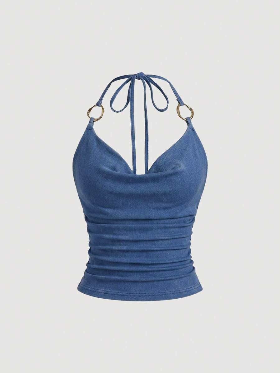 Sweetra Women's Summer Casual Vacation Fashion Street Chic Daily Commute Metal Decor Knot Halter Denim Top - Blue - View 1