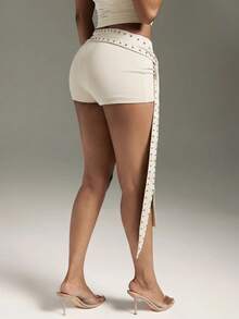 Denimoi Studded Tie Waist Hot Shorts Sexy Shorts Micro Mini Shorts Concert Outfits Vacation Outfits - Beige - View 5