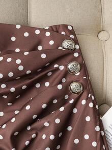 GlowEve Elegant Brown And White Polka Dot High-Waisted Midi Skirt,Summer Asymmetrical Button Decoration Pleated Bodycon Skirt,Work Casual Office - Coffee Brown - View 6