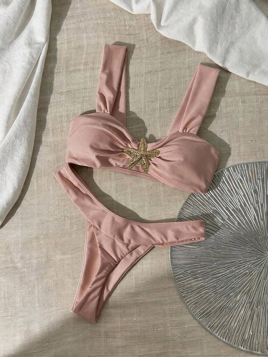 Swim Chiccia Solid Color Metal Decor Strap Vacation Swimwear Set For Women - Pink - View 1
