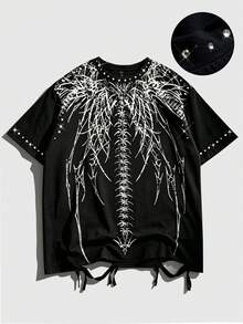 ROMWE MEN Street Life Áo thun nam tay ngắn phong cách punk nghệ thuật, đính đá lấp lánh, kiểu dáng thường ngày - màu đen - Xem 4
