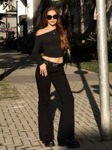 Vivi Wanderley Women's Tight Fit Low Waist Black High Stretch Flare Jeans Casual - Black - View 3