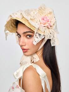 ROMWE Fairycore Women's Lace Straw Hat, Vintage Bohemian Style, Suitable For Beach, Photography, Sun Protection - Beige - View 2