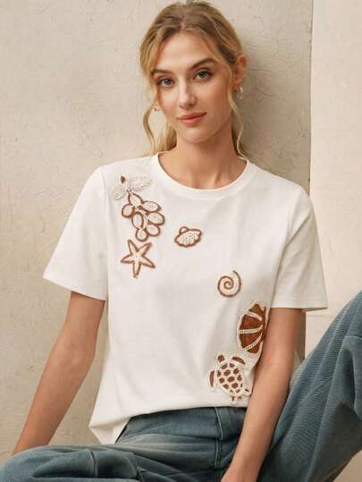 Anewsta Summer Casual Vacation Fresh Energetic Seaside Beach Handmade Crochet Ocean Element Applique Embroidery White Knit Short Sleeve T-Shirt Top