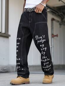 Manfinity EMRG Jeans rectos con estampado de eslogan para hombres - Negro - Ver 3