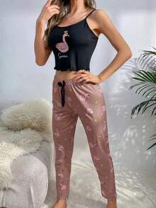 Conjunto de pijama de verano para mujer con top de tirantes con estampado de cisne y letras con ribete de lechuga, y pantalones con lazo - Multicolor - Ver 5