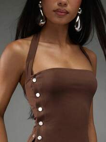 Normani Summer Festival Party Beach Graduation Elegant Vacation Country Y2k Beach Women's Solid Color Side Button Halter Top And Shorts 2 Pieces Set - Brown - View 4