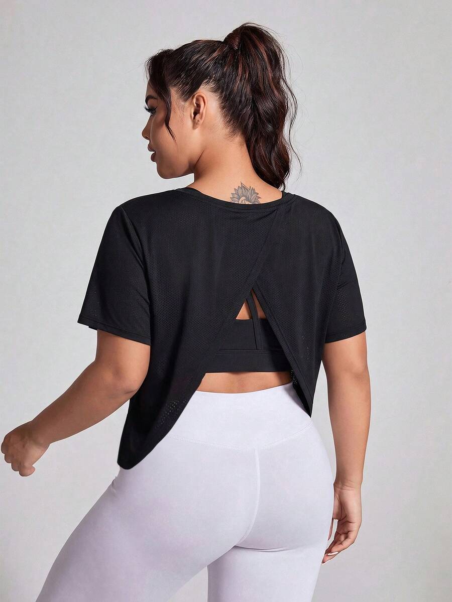 Easithlete Plus Size Women's Solid Color Short Sleeve Casual Fitness Sports T-Shirt - Black - View 1