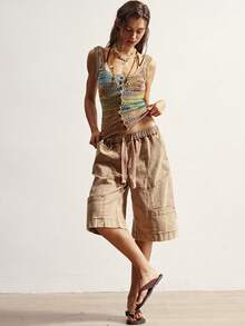Bohemela Ombre Fitted Front Button Sleeveless Hollow Out Knit Top - Blue - View 8