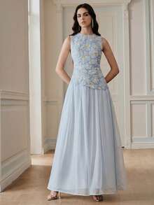 Anewsta Gaun Tanpa Lengan Leher Bulat dengan Bordir Bunga Elegan Terbaru untuk Musim Semi/Panas, Cocok untuk Hari Valentine, Liburan, dan Pesta. - Baby Blue - View 6