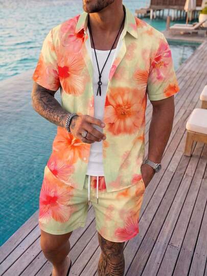 VIVINTIMO Herrskjorta med blommönster, kortärmad och shorts, casual kostym för semestern