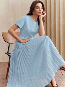 Anewsta New Elegant Modest Round Neck Short Sleeve Dress With Ruffle Hem Design, Light Blue, Comes With A Matching Belt Office Summer - Baby Blue - View 2