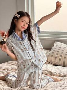 DAZY Bộ áo ngắn tay và quần họa tiết kẻ caro tương phản, đồ mặc nhà cho bé gái (cỡ lớn) - Màu xanh nhạt - Xem 9