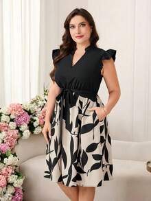SHEIN Clasi Plus Graphic Print Notched Neckline Ruffle Trim Belted Dress - Apricot - View 4