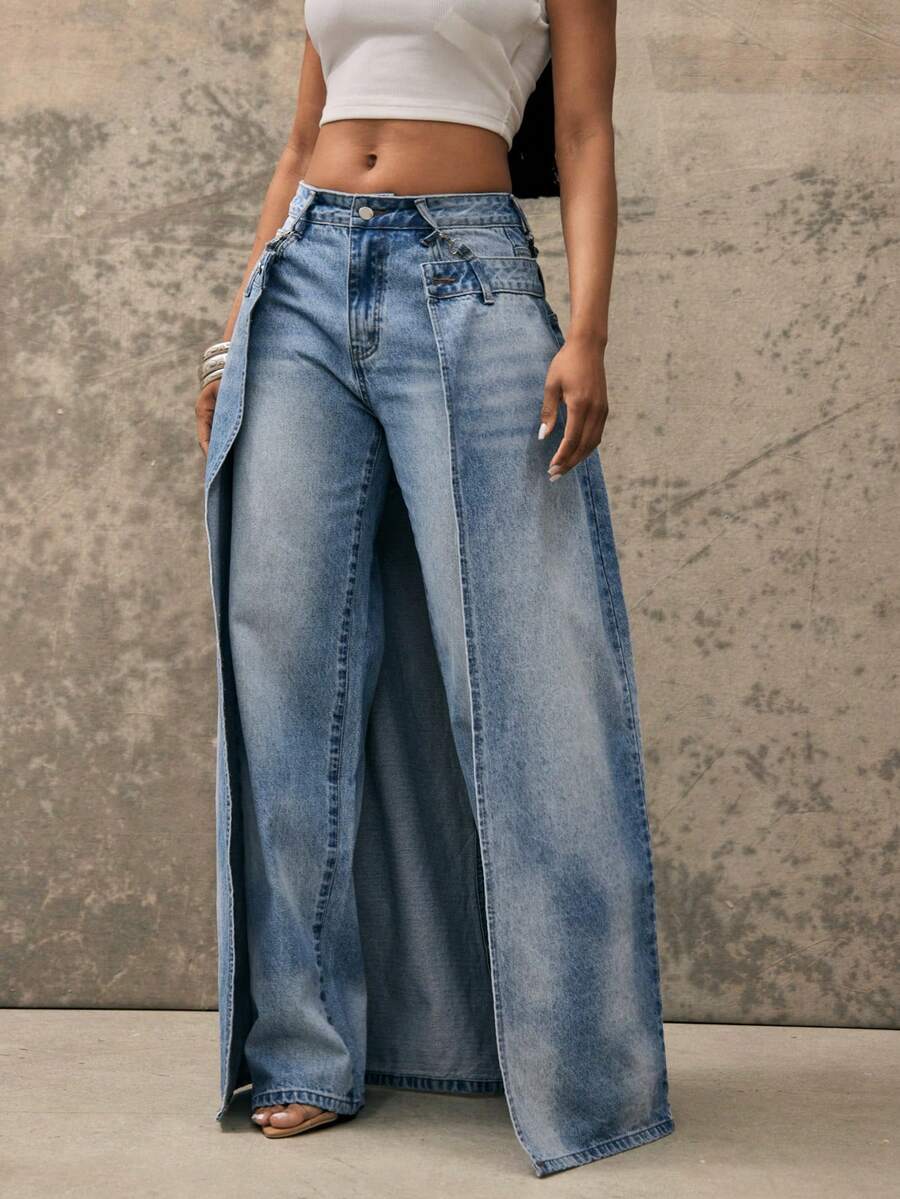 Denimoi Double Waist Skirt Overlay Straight Leg Jeans Fashion Jeans Statement Denim Fashion It Girl - Light Wash - View 1