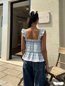 Cévolie 女士格子可爱蕾丝荷叶边吊带背心 - 藍色 - 查看 2