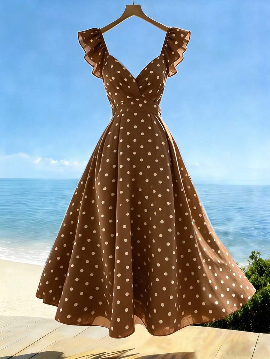 Franclia 女士V领荷叶袖褶皱腰部露背系带波点印花连衣裙,春夏休闲度假连衣裙 - 咖啡棕 - 查看 1