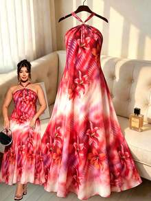Rometta Plus Size Women Floral Print Casual Halter Neck Dress - Multicolor - View 1