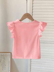 SHEIN Young Girl Summer Casual Vacation Sweet Cute Solid Color Faux Pearl 3D Floral Ruffle Armhole T-Shirt - Pink - View 3