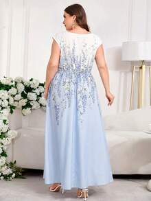 Reflora Đầm tay ngắn thanh lịch, cổ chữ V, họa tiết hoa, cỡ lớn, màu ombre. - Màu xanh nhạt - Xem 2