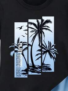 SHEIN Setelan Kaos Lengan Pendek dan Celana Pendek Motif Pohon Palem Tropis dan Huruf untuk Anak Laki-Laki, Pakaian Kasual untuk Liburan & Sehari-hari - Biru - View 3