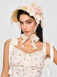 ROMWE Fairycore Women's Lace Straw Hat, Vintage Bohemian Style, Suitable For Beach, Photography, Sun Protection - Beige - View 3