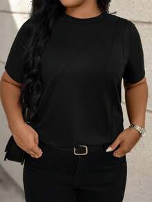 EMERY ROSE Plus Size Solid Color Round Neck Toothpick Decor Pullover T-Shirt - Black - View 1