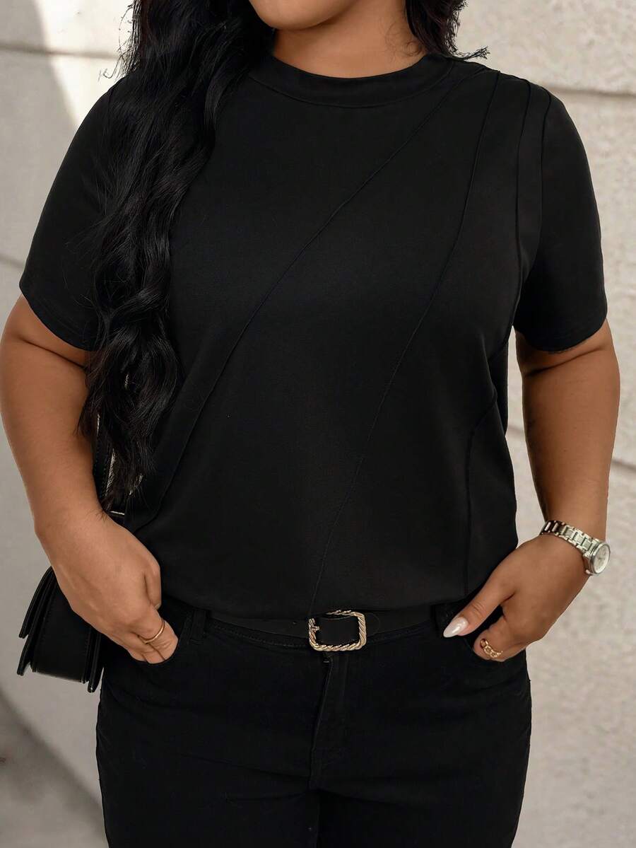 EMERY ROSE Plus Size Solid Color Round Neck Toothpick Decor Pullover T-Shirt - Black - View 1