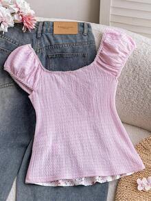 Kids & Teen Girls' Cute Pink Summer Vacation Ditsy Floral Lace Mesh Puff Short Sleeve Blouse,Deep Square Neck Textured Ruffle Fitted T-Shirt,Tea Party - Multicolor - View 2
