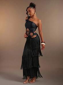Hauture Women's Sexy One-Shoulder Asymmetrical Neck Fringe Tassel Layered Maxi Dress Bamboo Ring Decor - Black - View 5