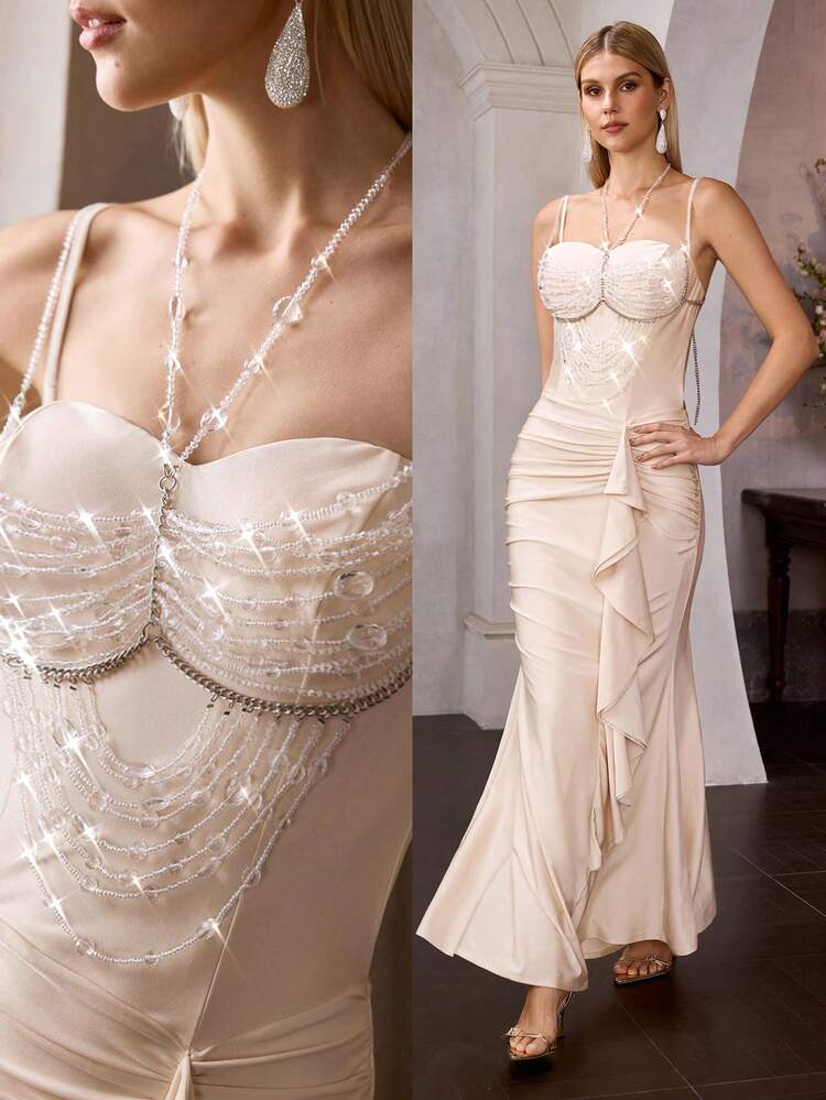 MOTF Soiréza ELEGANT PARTY DRESS WITH ELABORATE FAUX PEARL DECORATION, SPRING/SUMMER