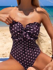 Swim Mod 1 pieza Traje de baño con volantes, lazo y tirantes ajustables y desmontables con estampado de lunares 2026, estilo casual de playa y vacaciones para mujeres - Multicolor - Ver 7