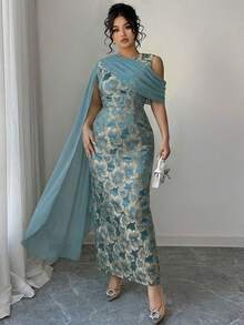 Elenzga Đầm maxi nữ bán chạy nhất, chất liệu vải jacquard vàng có họa tiết, kiểu dáng thanh lịch với khăn choàng chiffon, phù hợp cho các bữa tiệc, hẹn hò, mua sắm và nhiều dịp khác trong mùa xuân/hè. - Màu xanh lam - Xem 3