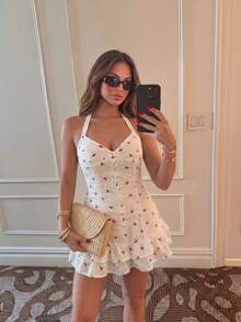 Sunnyshic Vestido corto de verano casual y de vacaciones, versátil, dulce y lindo para uso diario, con bordado de cereza, multicapa con volantes y lazo en la cintura - Multicolor - Ver 5