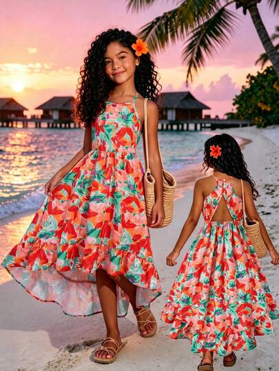 Fashionable Sleeveless Dress For Tween Girls, Featuring Colorblock Striped Macaroon Pattern, Halter Neck & Open Back Design, Multi-Layer Ruched Skirt, Comes With Matching Crossbody Bag, Refreshing & Cute For Summer Outings Or Everyday Wear