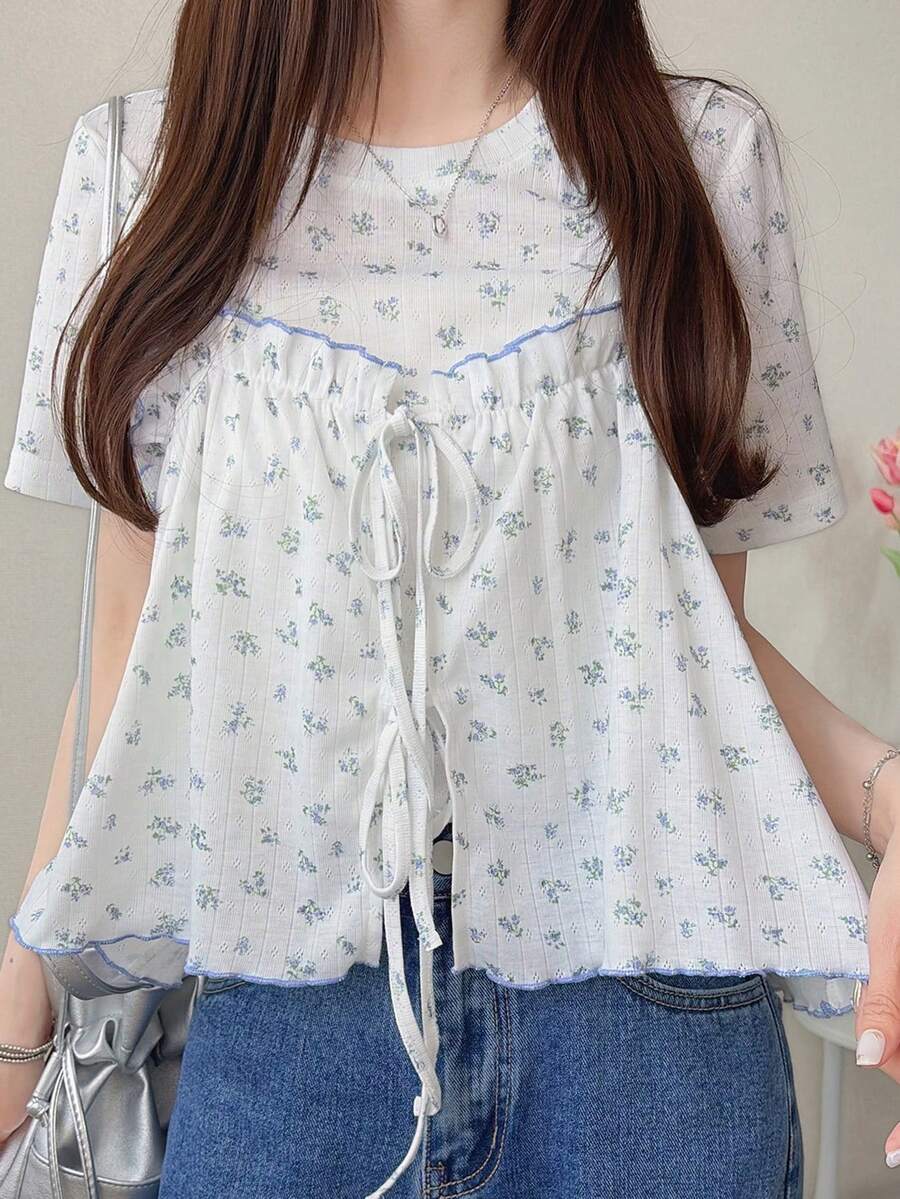 FRIFUL 女款兩件套,附領結,寬鬆圓領短袖,蝴蝶結百褶荷葉邊飾夏季套裝 - 藍色 - 查看 1