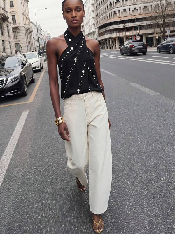 Maija Top halter de lentejuelas con lunares blanco y negro para mujer, elegante sin mangas con espalda cruzada y sin espalda, cintura anudada con decoración metálica, para fiesta nocturna, Y2K, verano y festival